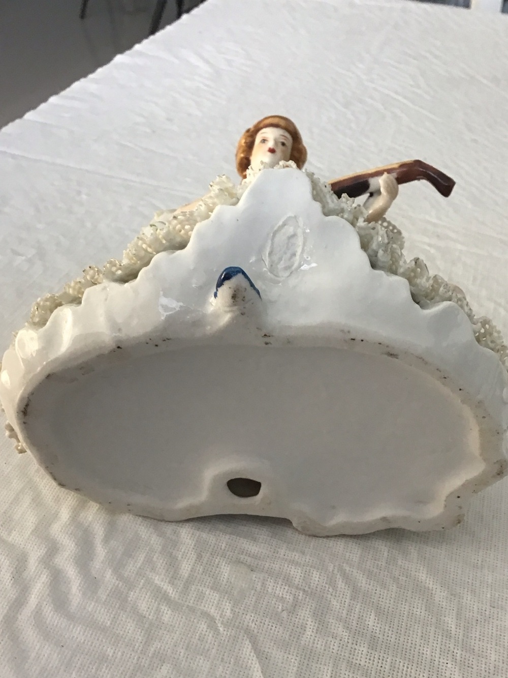 Vintage Blue and Cream Porcelain Lady Figurine with Mandolin #45 - Picture 5 of 5